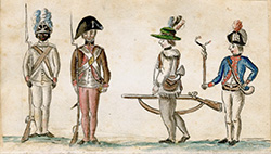 American foot-soldiers during the Yorktown campaign, 1781. From a watercolor drawing in the diary of Jean Baptiste Antoine de Verger.