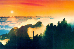 painting of sunset over mountains